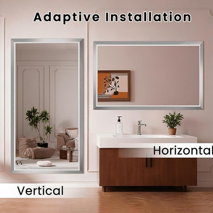 Amorho Bathroom Mirror, 55x40 Inch Silver Thick Metal Framed Wall Mirrors for Over Sink, Brushed Nickel Mirror Perfect for Bedroom, Living Room, Entryway, Rectangle (Horizontal/Vertical).