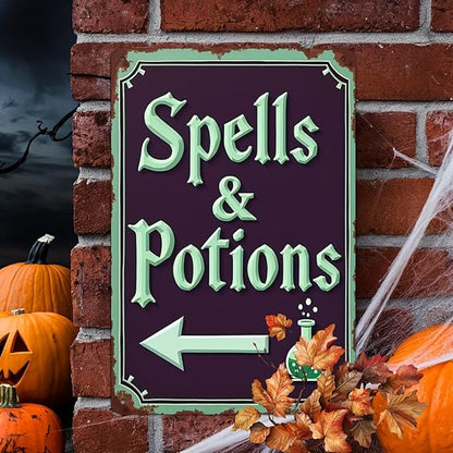 Spells & Potions Metal Tin Sign Vintage Halloween Decor Wall Hanging Wall Art Rustic Bathroom Kitchen Entryway Home Halloween Decorative Sign 8x12 Inch
