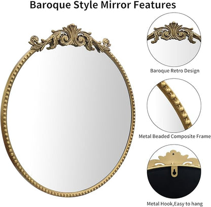 Round Mirror, 24''Baroque Style Circle Mirror Vintage Gold Metal Frame Wall Mirrors for Vanity, Bathroom or Bedroom