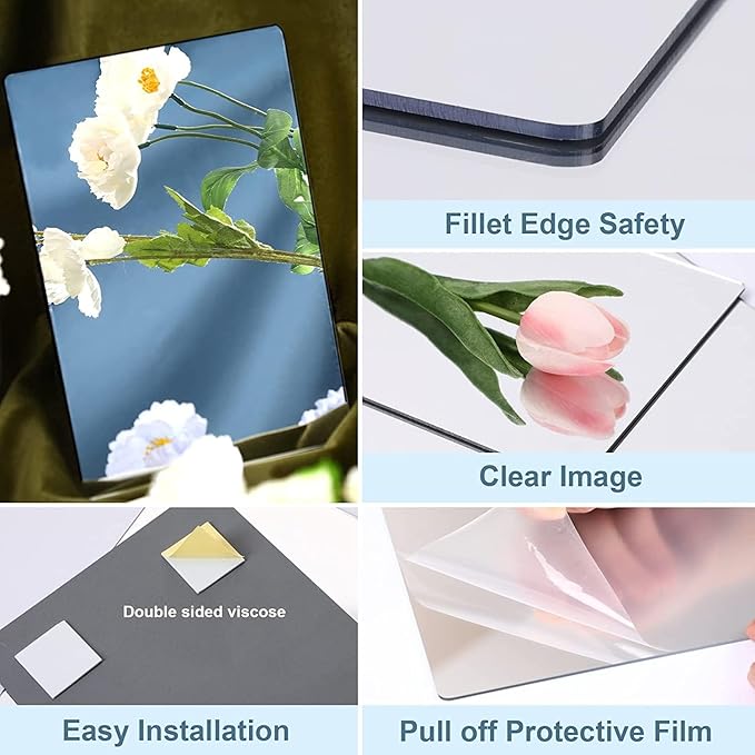 JUNEBRUSHS 4 Pack Self Adhesive Acrylic Mirrors, 12x 16 Inch Mirrors Tiles,Flexible Plastic Sheets Wall Stickers,2MM Thick Mirror,Frameless Small Mirror