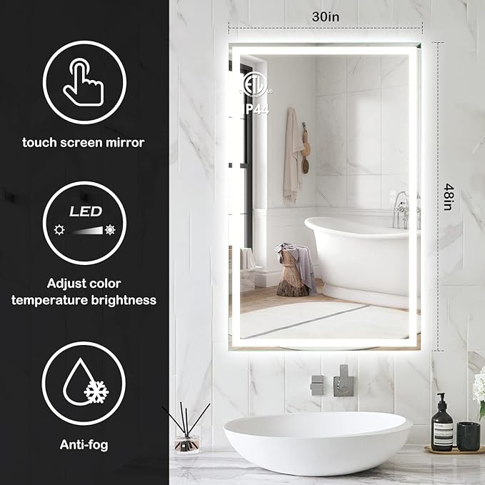 ROOMTEC 48 x 30 Inches LED Bathroom Mirror with Lights, Vanity Mirror with Front and Backlight, Smart Dimmable Anti-Fog LED Mirror for Bathroom, Memory Function, Tempered Glass (Horizontal/Vertical)