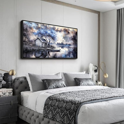 ERQINHUA Wall Art For Living Room Canvas Wall Decor For Bedroom Office Decoration Blue Tree Lakeside Landscape Painting Art Print Modern Beach Posters Ready To Hang Home Decor Black Frame 20"x40"