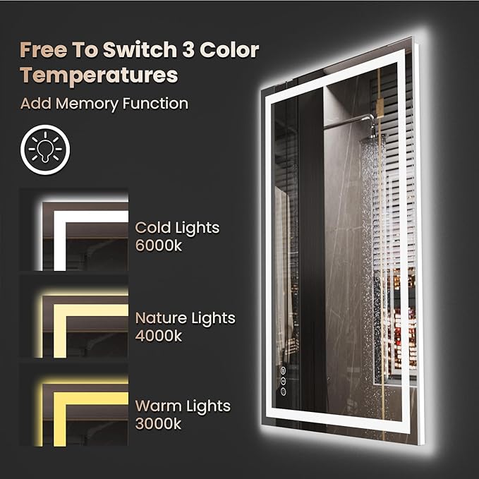 Snowdool 48"X36" LED Bathroom Mirror with Front Lights and Backlit, Anti-Fog, Dimmable, Shatter-Proof Tempered Glass, Lighted Bathroom Vanity Mirror for Wall with 3 Colors, Memory Function