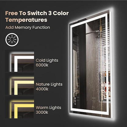 Snowdool 48"X36" LED Bathroom Mirror with Front Lights and Backlit, Anti-Fog, Dimmable, Shatter-Proof Tempered Glass, Lighted Bathroom Vanity Mirror for Wall with 3 Colors, Memory Function
