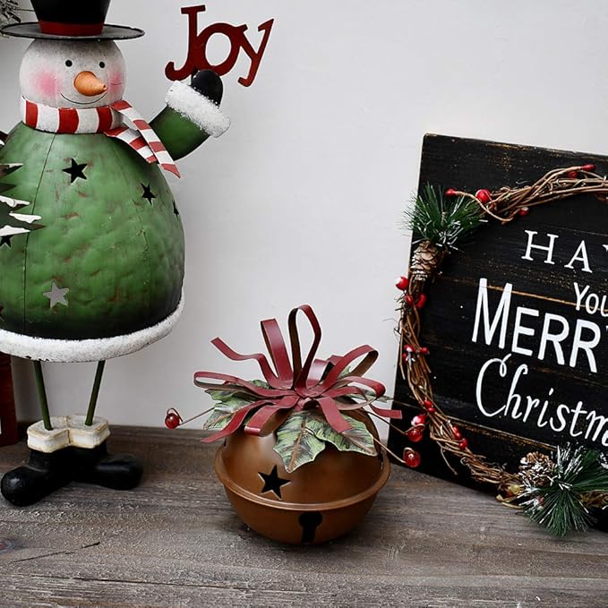 Large Christmas Jingle Bell Decoration, 4.5 X 5.5 Inch Rustic Red Jingle Bell Hanging Christmas Tree Bell Ornament Metal Star Cutout Xmas Holiday Decor, Party and Festival Decoration (Bell C)