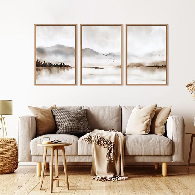 Neutral Abstract Mountain Framed Canvas Print Wall Art Set,Watercolor Beige and Gray Calming Landscape Wall Decor,Modern Minimalist Nature Artwork for Living Room,Bedroom-24 x36 x3