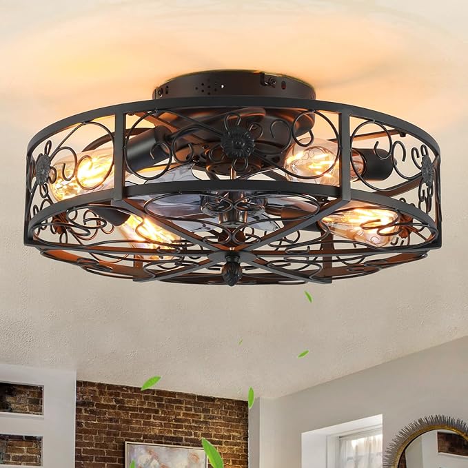20'' Caged Ceiling Fan with Lights and Remote Control,Small Farmhouse Bladeless Low Profile Ceiling Fans Lights,Industrial Flush Mount Low Profile,Reversible Motor 6 Speeds for Bedroom,Living Room