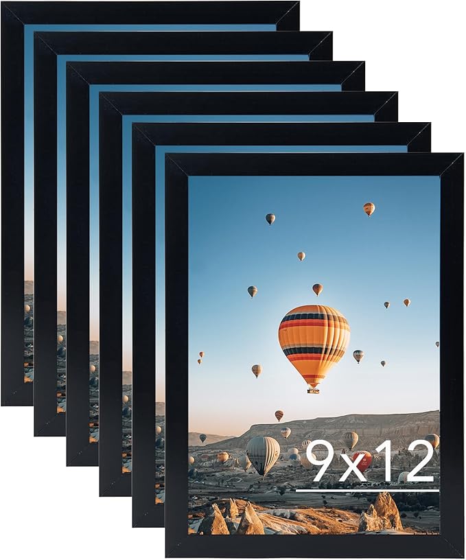 JCJMY 9x12 Black Picture Frame Set of 6, Horizontal and Vertical Formats for Wall Hanging, 9 x 12 Wall Gallery Poster Photo Frames with Shatter Resistant Plexiglass, 6 Pack, Black