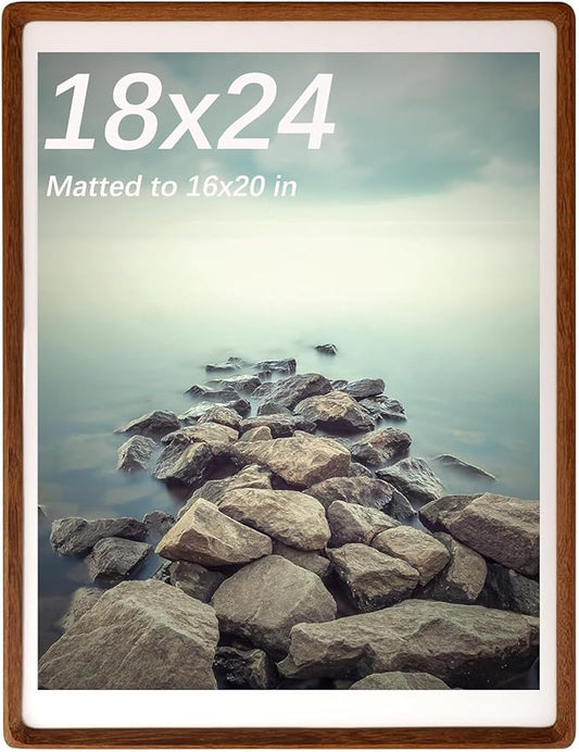 FLECHAZO Solid Walnut 18x24 Frame, Natural Wood 18 x 24 Poster Frame with Mat for 16x20 Photos, Gallery Wall Picture Frame for Wall Mounting Display