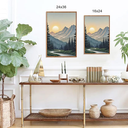 HLNIUC Boho Mountain Sun Forest Framed Canvas Wall Art,Large Nature Sunrise Wall Decor,Yosemite Scene Pine Tree Artwork Set of 3 (24x36),Watercolor Landscape Prints for Living Room,Bedroom,Office