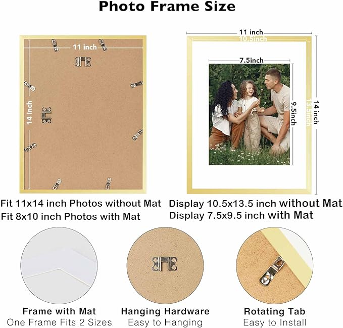 JCJMY 10 Packs 11x14 Picture Frames, Display 8x10 with Mat or 11x14 Without Mat, Gallery Wall Frame Set, 11 by 14 Frames Bulk Set of 10 Collage Wall Decor Photo Frames Set for Wall, Gold