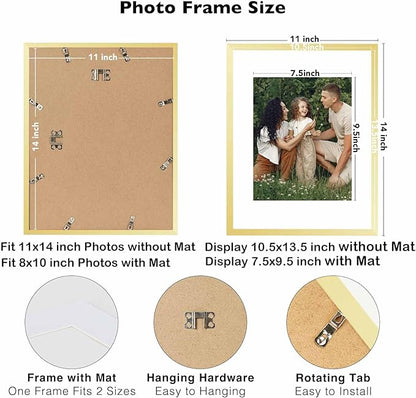 JCJMY 10 Packs 11x14 Picture Frames, Display 8x10 with Mat or 11x14 Without Mat, Gallery Wall Frame Set, 11 by 14 Frames Bulk Set of 10 Collage Wall Decor Photo Frames Set for Wall, Gold