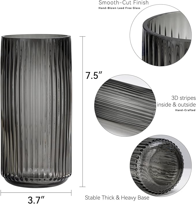 TIMEFOTO Flower Vase 7.5 inch Grey Thickened Hand Blow Glass Vase Round Vintage Striped Bottles for Bookshelf,Dinner Table,Indoor Office Desktop,Meeting Room,Bathroom,Countertop,Home