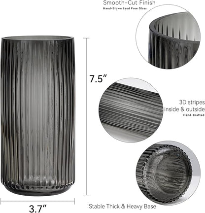 TIMEFOTO Flower Vase 7.5 inch Grey Thickened Hand Blow Glass Vase Round Vintage Striped Bottles for Bookshelf,Dinner Table,Indoor Office Desktop,Meeting Room,Bathroom,Countertop,Home