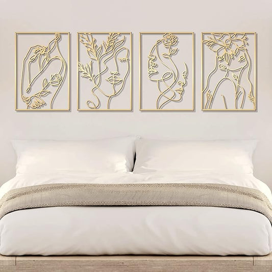 Glamativity 4 Pack Gold Wall Art Decor, Female Flower Face Lover Minimalist Décor Single Line Art Wall Décor, Real Metal Wall Art, Woman's Body Shape Abstract Wall Art, for Kitchen Bedroom Living Room (Gold Floral Lady Style, M Size 17 x 11.8'')