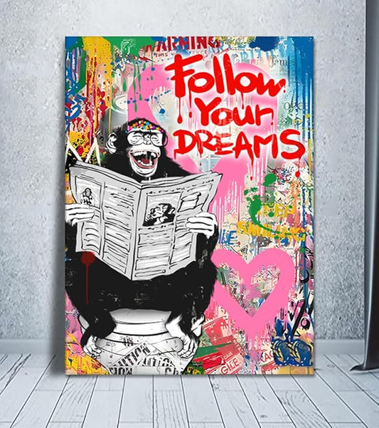 Banksy Graffiti Canvas Wall Art Inspirational Follow Your Dreams Poster for Mens Room Decor Monkey on Toilet Pictures Modern Painting HD Print Framed Artwork Ready to Hang 24x36inch