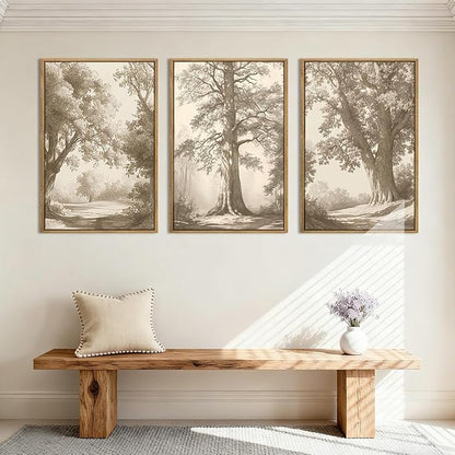 Vintage Tree Canvas Wall Art Framed Rustic Tree Landscape Sketch Antique Painting Neutral Forest Wall Decor 24x36 Inch Farmhouse Botanical Set of 3 for Living Room Bedroom