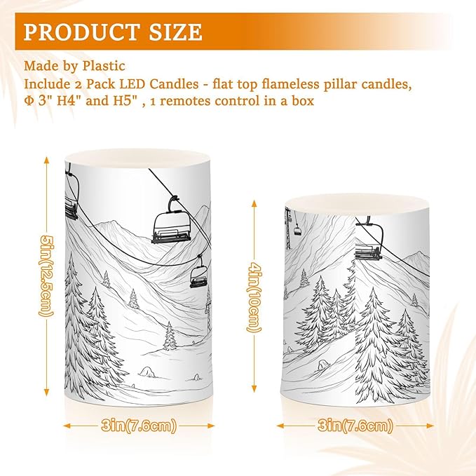 ALAZA Mountain Ski Lift Sketch Flickering Flameless Candles Battery Operated with Remote Timer,Tea Light Candles LED Pillar Votive Candles Set of 2 for Outdoor Indoor Decorations