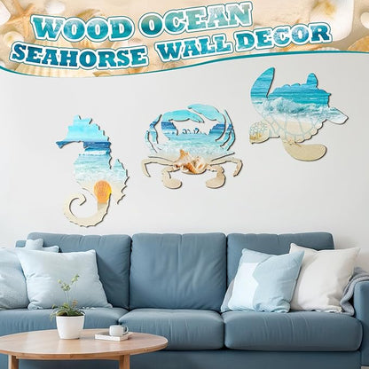 Tatuo 3 Pcs Summer Coastal Wall Decor Bathroom Beach Blue Wall Art Sea Turtle Surfboard Seahorse Starfish Seashell Conches Crabs Sea Life Decor for Bedroom Home (Turtle,Seahorse,Crab)