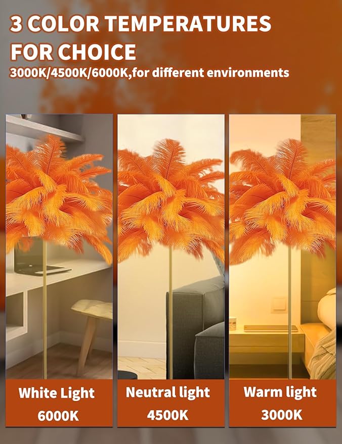 Feather Floor Lamp,Fluffy Ostrich Feather Floor Lamp for Bedroom,3 Color Temperatures Led Corner Modern Floor Lamps for Living Room Christmas Home Decor House Warming Gifts,63″ Height (Orange)