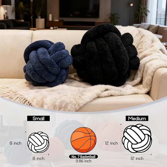 Knot Pillow Ball Plush - Decorative Throw Pillows for Bed Relieve Stress, Round Knot Cushion for Sofa Decor Pet Toy, Black 8 inch