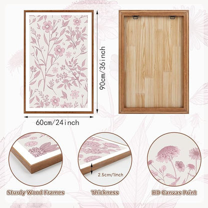 KAIRNE Floral Wall Art Set of 3,Framed Vintage Botanical Flower Canvas Prints,Pink and White Minimalist Wildflower Artwork,Modern Farmhouse Boho Decor for Living Room Bedroom Office Kitchen,16X24 inch