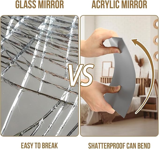 JUNEBRUSHS 8 Pack Self Adhesive Acrylic Mirror, 8 x 8 Inch Tiles,Flexible Plastic Mirror Sheets Wall Stickers,2MM Thick Frameless Small Mirror