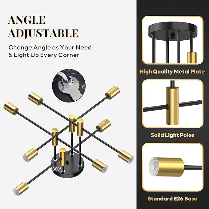 Modern Sputnik Chandelier Ceiling Light Fixture, 8-Light Mid Century Industrial Semi Flush Mount Light for Dining Room, Kitchen Island, Bedroom, Living Room, Matte Black and Gold, Adjustable Arms