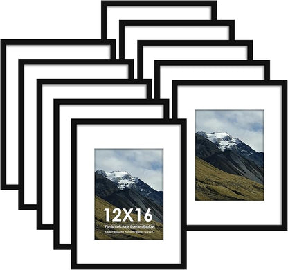 12x16 Picture Frame Sef of 10, Display Pictures 8.5x11 with Mat or 12 x 16 Without Mat, Photo Frame Collage for Wall Gallery Decor, Wall Mounted, Black