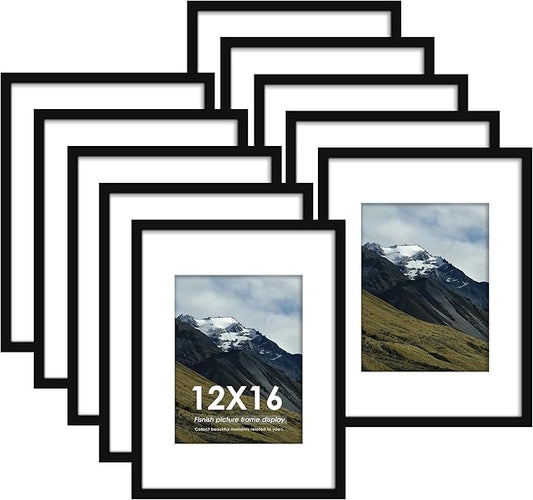 12x16 Picture Frame Sef of 10, Display Pictures 8.5x11 with Mat or 12 x 16 Without Mat, Photo Frame Collage for Wall Gallery Decor, Wall Mounted, Black