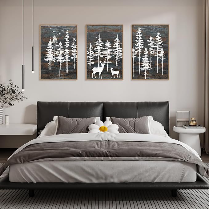 Modern White Forest Framed Canvas Wall Art Set, Minimalist Woodland Art Painting, Retro Tree Landscape Wall Decor, Wildland Deer Artwork for Living Room, Dining Room, Office-16 x24 x3