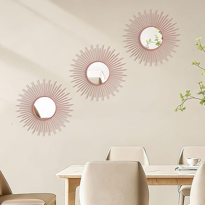 3 Pack Metal Mirrors for Wall Sunburst Wall Mirrors Home Décor Decorative Hanging Wall Art for Living Room Bedroom Entryway (Pink, Sunburst)