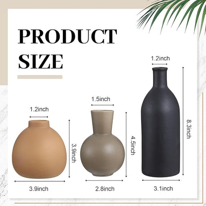 5 Pieces Country Style Ceramic Vase Set Table Centerpieces for Living Room 3 Pcs Bohemian Style Ceramic Vases with Wood Knot Chain Rings, Wooden Bead Garland Tassel Table Decor(Black)