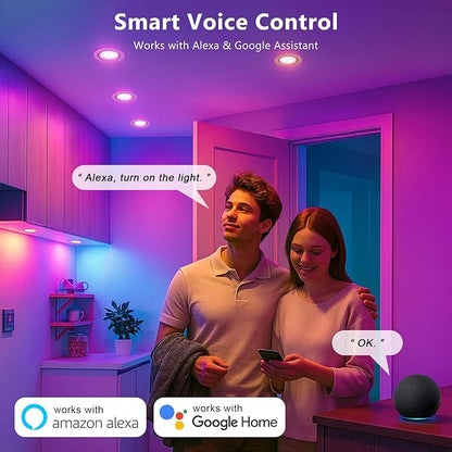 2 Inch Smart LED Recessed Lighting, 5W WiFi RGB Mini Downlight, CCT 2700-6500K Dimmable Color Changing Accent Recessed Ceiling Light, 110V Compatible with Alexa and Google Home with LED Driver, 6 Pack