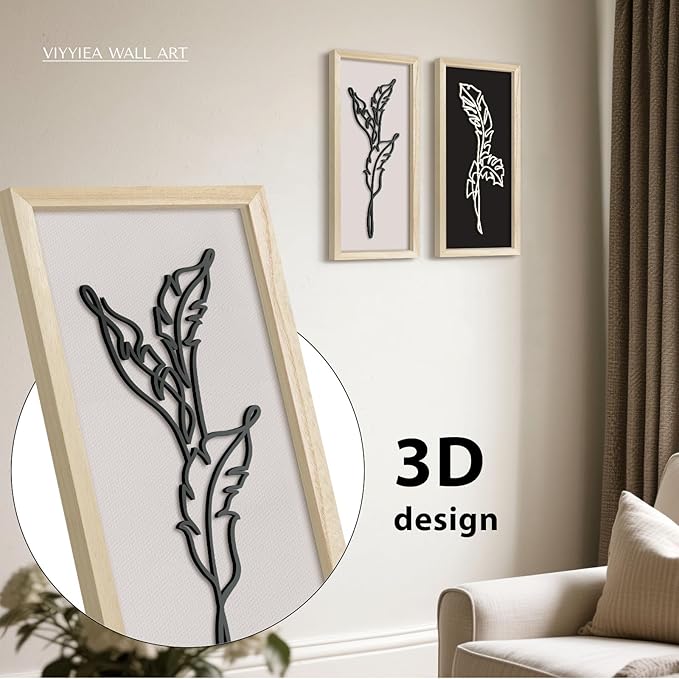 VIYYIEA Wooden 3d Floral Bathroom Wall Decor, Ready-to-Hang Framed Wall Art For Living Room, Bedroom and Office, Boho Botanical Farmhouse Decoration, Lightweight but Valuable Gift (7x16 In, set of 2)