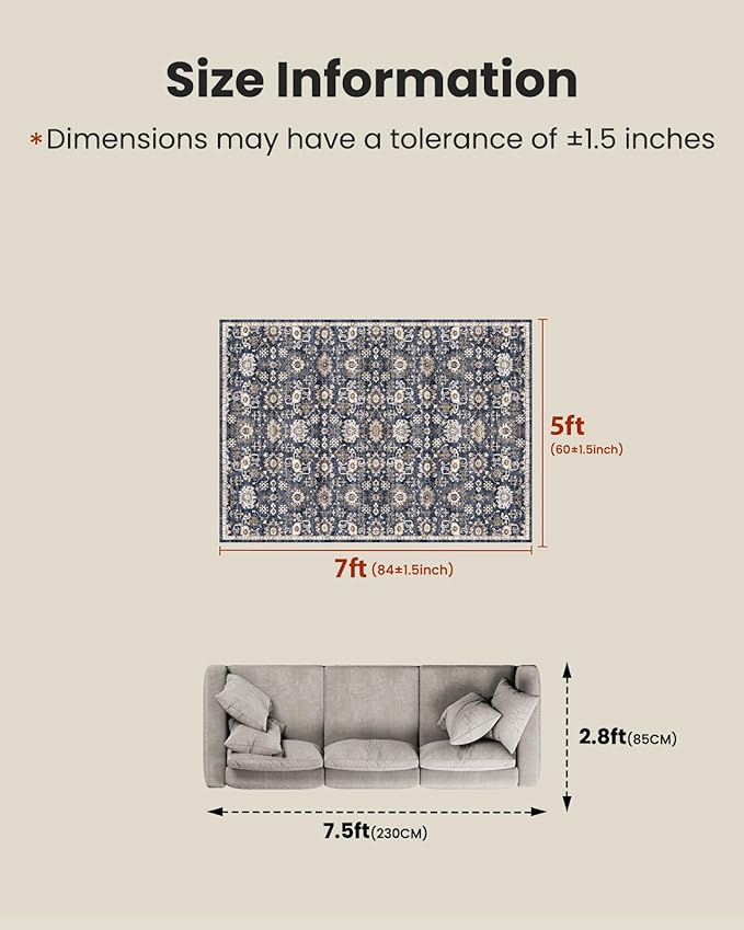 AMADA HOMEFURNISHING 5x7 Area Rugs, Washable Living Room Rug Low-Profile with Non-Slip Backing & Durable Edge Binding, Vintage 5x7 Rugs for Living Room, Bedroom, Dining Room
