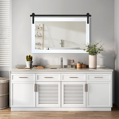 COGOOD Farmhouse Barn Door Mirror - 41" x 26" Rustic Wood Framed Mirror for Bathroom, Living Room, Entryway Wall Decor (Pure White)