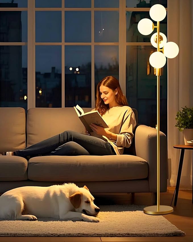 Lightdot Dimmable Globe Floor Lamp Mid Century Modern Floor Lamp with 5Pcs 3000K Bulbs Included Brightness Adjustable Gold Standing Lamps with 5Lbs Heavy Base for Living Room Bedroom/Sofa Beside