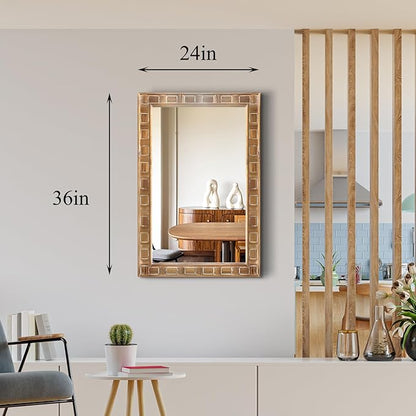 POZINO Rustic Wood Mirror, 24"X36" Farmhouse Bathroom Mirror for Over Sink, Natural Wooden Rectangle Wall Mirrors for Living Room Entryway Bedroom Hallway Fireplace, Horizontal Or Vertical