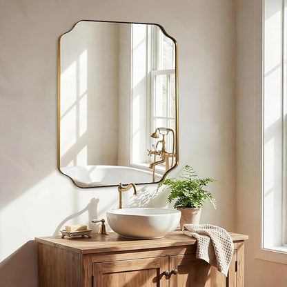 ANDY STAR 28"x36" Brushed Brass Bathroom Mirror, Scalloped Mirror for Bathroom, Champagne Bronze Mirror in Anti-Rust Stainless Steel Thin Frame, Wall Mount Vertical or Horizontal