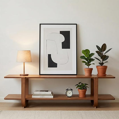 55" Bamboo TV Stand for 65 inch TV, Media Console Table with 2-Tier Shelves, Mid-Century Entertainment Center for Living Room, Bedroom, Walnut