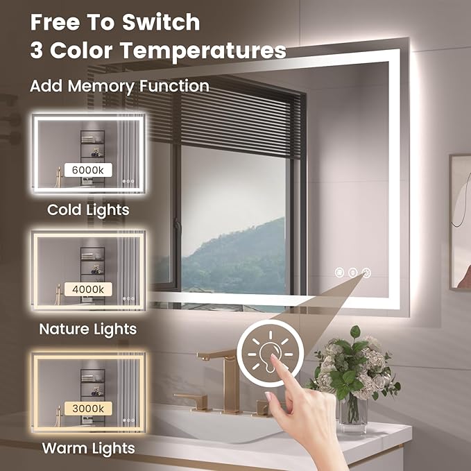 Snowdool 40"X28" LED Bathroom Mirror with Front Lights and Backlit, Anti-Fog, Dimmable, Shatter-Proof Tempered Glass, Lighted Bathroom Vanity Mirror for Wall with 3 Colors, Memory Function