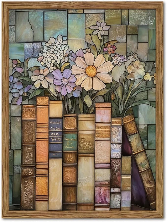 YYNISPIN Vintage Book Wildflower Wall Art Moody Stained Glass Book Lover Wall Decor Painting, Whimsical Reading Nook Library Poster Canvas Prints for Cottage Bedroom Living Room 16x24 inch Frame