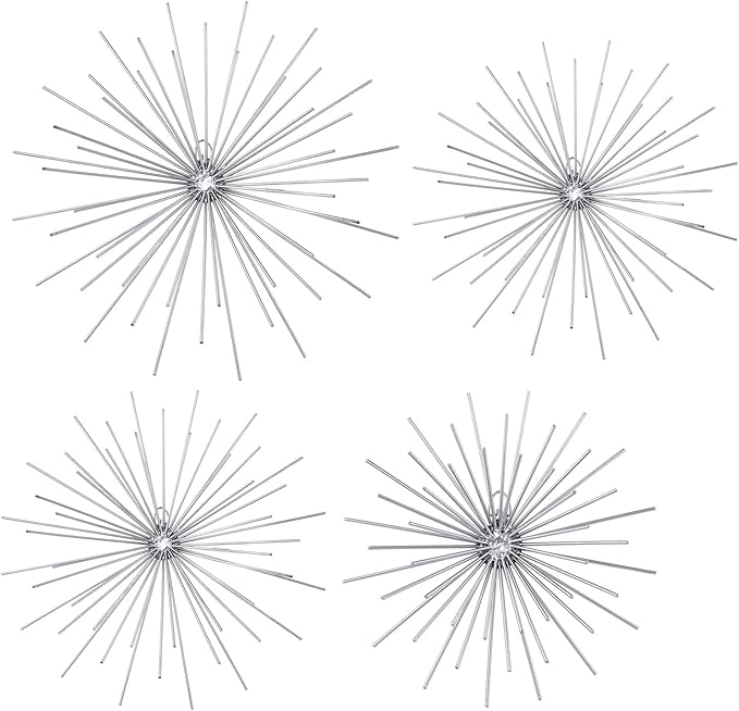Shimeyao 4 Pcs Metal Starburst Wall Decor Silver Metal Wall Art 3D Spike Bling Finish Star Burst Hangings Accents Sculptures Set Modern Mid Century Decorations for Living Room Bedroom Entryway