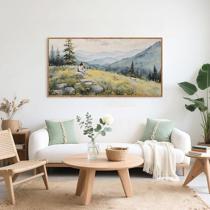 Aurlan Christian Jesus with Lost Sheep Wall Art(40"x20"), Boho Religious Lamb The Good Shepherd Psalm 23 Canvas Artwork, Large Abstcat Watercolor Vintage Nature Landscape Bible Story Decor for Home Dining Room Christ Gift