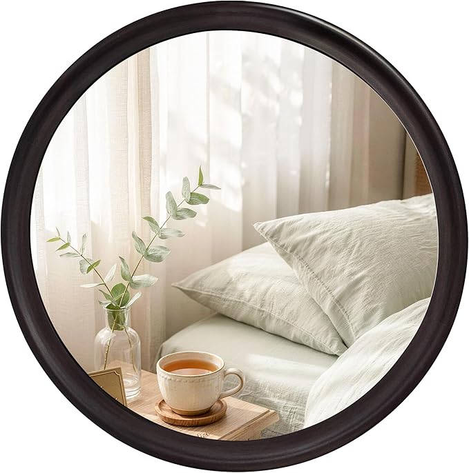 Round Mirrors 36 Inch,Rustic Decorative Transitional Dark Walnut Wall Mirror with Wood Grain for Bathroom,Farmhouse Hanging Vanity Mirror for Entryway Living Room or Bedroom