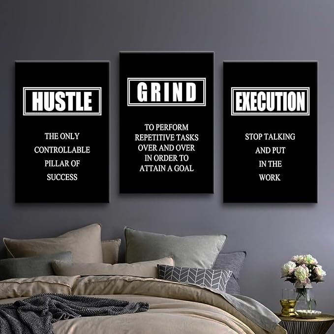 Motivational Wall Art Hustle Grind Execution Poster 3 Pieces Canvas Print Inspirational Quotes Decor Painting Framed for Office Home Living Room Decoration Ready to Hang [48''W x 24''H]