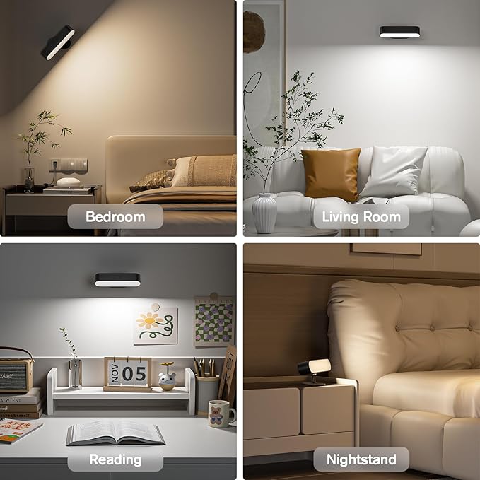 Hensam Wireless Battery Operated Wall Sconces for Bedroom, LED Rechargeable Wall Sconce Set of Two for Living Room, Stick on Wall Mounted Lamp for Reading, 2 Pack