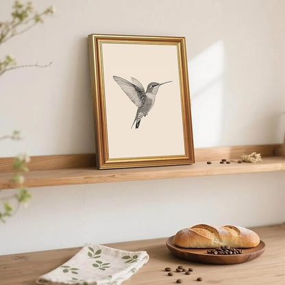 JLTULT Gold Framed Hummingbird Wall Art, Vintage Black White Sketch Wall Decor, Hummingbird Illustration Art Prints for Living Room Bedroom Office 8x10 Inches with Fade-Resistant Easy to Hang