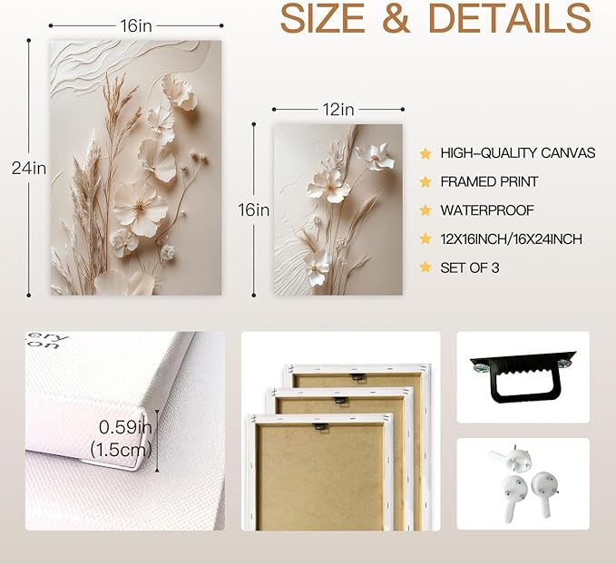 GELDSTEI Neutral Beige Floral Canvas Wall Art, Modern Minimalist Texture Botanical Wall Decor, Vintage Beige Flower Poster Prints for Living Room Bedroom Farmhouse Framed Set of 3, Each 16x24 Inch